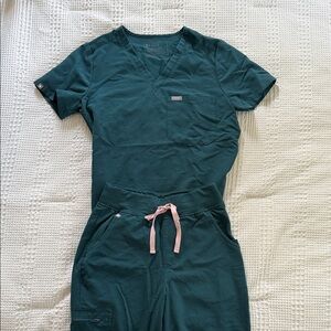 Figs Dark Teal Scrub Set with Pink Drawstring